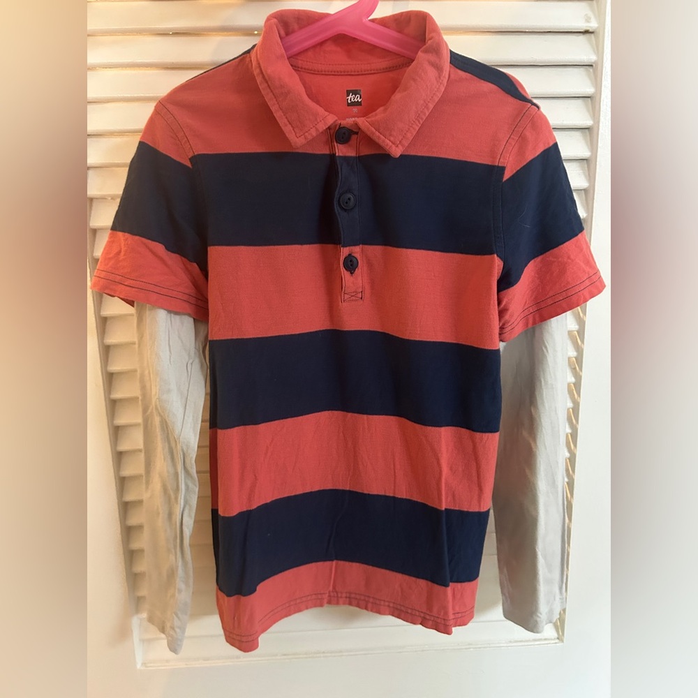 Tea Collection Salmon Red and Navy Blue Striped Layered Polo